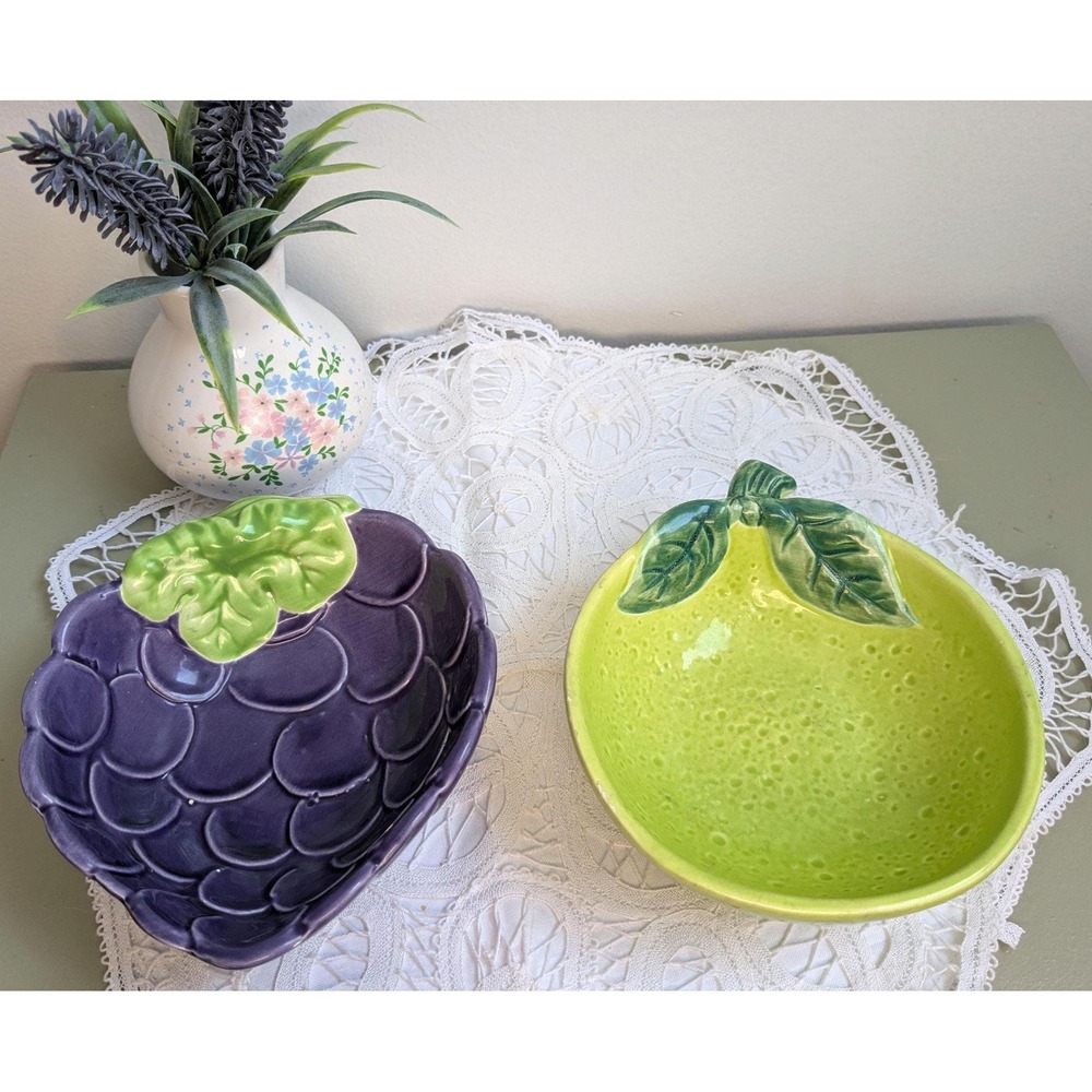 Vintage Fruit Plates Set, Grape & Apple Ceramic Plates, Retro Kitchen‎ Decor